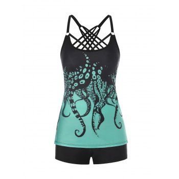 

Tummy Control Tankini Swimsuit Crisscorss Octopus Print Swimwear Boyshort Summer Beach Bathing Suit, Green