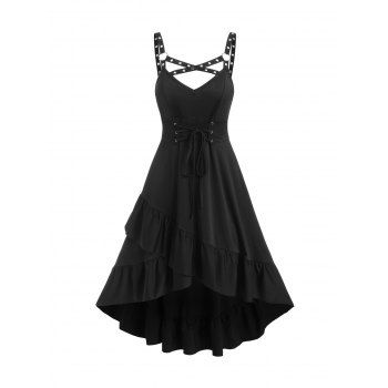 

Lace Up Eyelet Straps Flounced High Low Midi Dress, Black