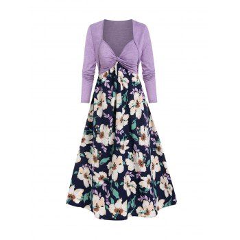 

Flower Print Twist Front Cami Dress and Cropped Cardigan, Light purple