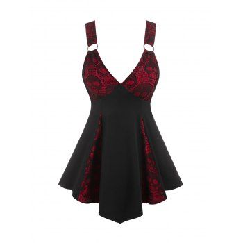 

Gothic Plunging V Neck Skull Lace Panel Corset Slit Skirted Tank Top, Deep red