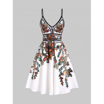 

Summer Vacation Sundress Floral Leaf Printed Garden Party Dress Flare A Line Slip Mini Dress, White