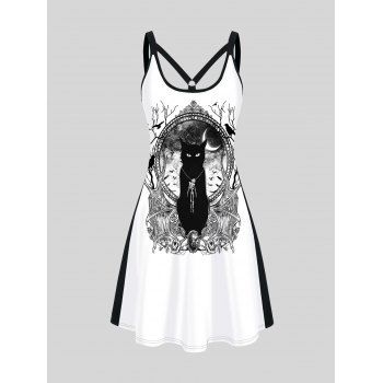 

Skull and Cat Print Colorblock Gothic Tank Dress Two Tone Casual Dress, Black