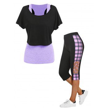 

Colorblock Short Sleeve Two Piece T-shirt Tops And Plaid Pattern Panel Lattice Cropped Leggings Outfit, Multicolor