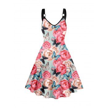 

Vacation Dress Colored Rose Butterfly Print Sleeveless V Neck O-ring Strap A Line Midi Dress, Multicolor