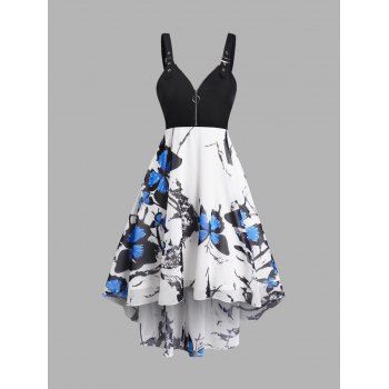 

Butterfly Print Colorblock High Low Dress O Ring Zipper Buckle Strap Midi Dress, Black