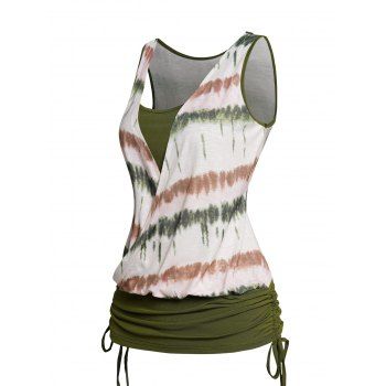 

Tie Dye Print Colorblock Faux Twinset Tank Top Cinched Ruched Crossover 2 In 1 TankTop, Green