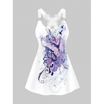 

Butterfly Print Tank Top Lace Insert O Ring Scoop Neck Casual Tank Top, White