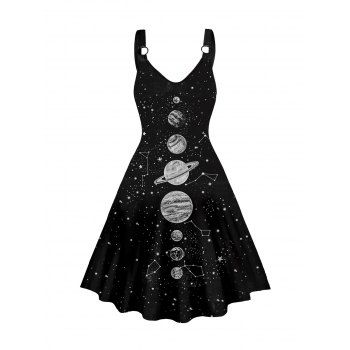 

Celestial Planet Galaxy Star Print Dress V Neck O-ring Strap High Waisted A Line Mini Dress, Black