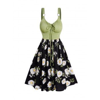 

Colorblock Daisy Leaf Print Mini Dress Lace Up O Ring Strap High Waist Casual Dress, Black