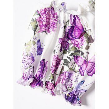 Butterfly Flower Print T Shirt Ruffle Off The Shoulder Lace Up Colorblock Asymmetrical Hem Long Tee 