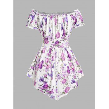 Butterfly Flower Print T Shirt Ruffle Off The Shoulder Lace Up Colorblock Asymmetrical Hem Long Tee 