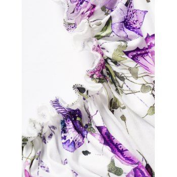 Butterfly Flower Print T Shirt Ruffle Off The Shoulder Lace Up Colorblock Asymmetrical Hem Long Tee 