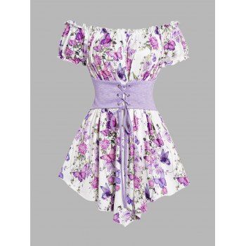 

Butterfly Flower Print T Shirt Ruffle Off The Shoulder Lace Up Colorblock Asymmetrical Hem Long Tee, Light purple