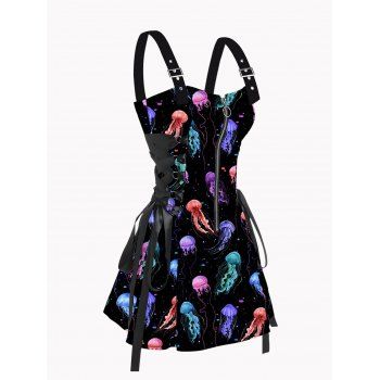 

Jellyfish Print Dress Zip Up Lace Up Adjustable Strap High Waisted A Line Mini Dress, Multicolor