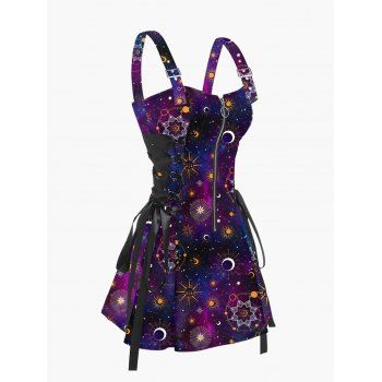 

Galaxy Sun Star Print Dress Half Zipper Lace Up High Waisted Strap A Line Mini Dress, Concord