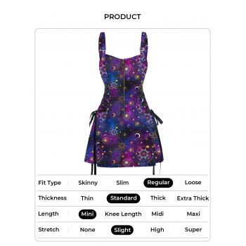 Galaxy Sun Star Print Dress Half Zipper Lace Up High Waisted Strap A Line Mini Dress