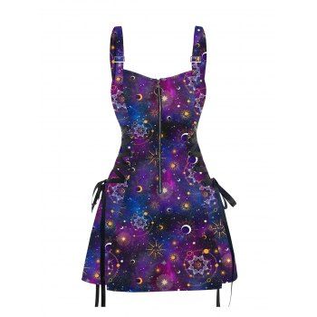 Galaxy Sun Star Print Dress Half Zipper Lace Up High Waisted Strap A Line Mini Dress 