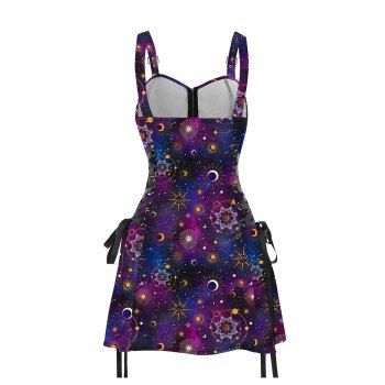 Galaxy Sun Star Print Dress Half Zipper Lace Up High Waisted Strap A Line Mini Dress 