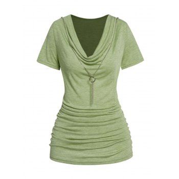 

Draped T Shirt With O-ring Chain Cowl Neck Heather Ruched Short Sleeve Casual Tee, Light green