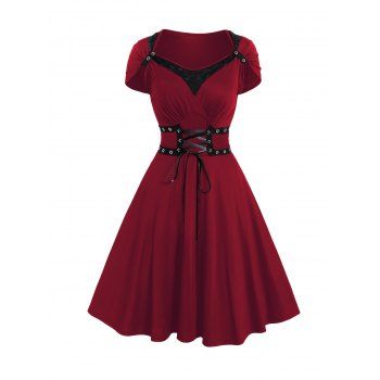 

Gothic Dress Solid Color Grommet Lace Up Lace Panel High Waisted Dress Surplice A Line Mini Dress, Deep red