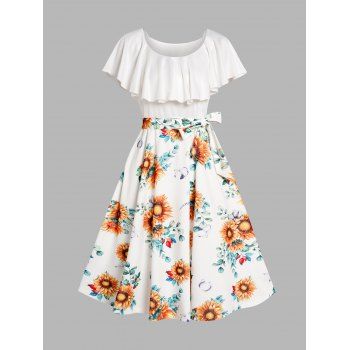 

Sunflower Print Dress Flounce Short Sleeve Belted Combo Dress, White