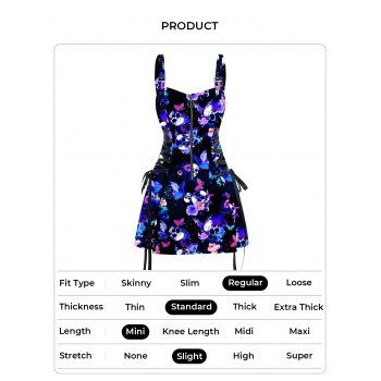 Gothic Dress Skull Butterfly Print Zip Up Lace Up Adjustable Strap High Waisted A Line Mini Dress