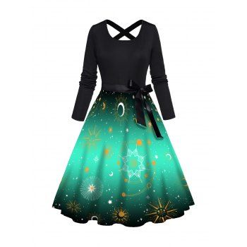 

Celestial Sun Moon Star Galaxy Print Long Sleeve Dress Bowknot Cross High Waist A Line Dress, Green