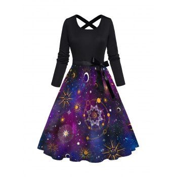 

Celestial Sun Moon Star Galaxy Print Long Sleeve Dress Bowknot Cross High Waist A Line Dress, Purple