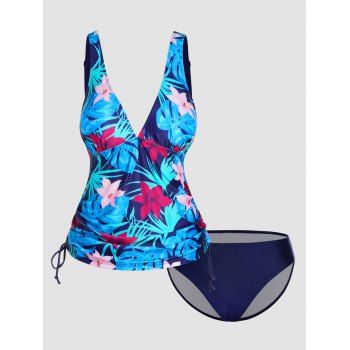 

Tropical Tankini Swimsuit Flower Leaf Print Swimwear Cinched Plunging Neck Padded Modest Bathing Suit, Multicolor