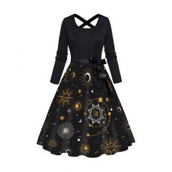 

Celestial Sun Moon Star Galaxy Print Long Sleeve Dress Bowknot Cross High Waist A Line Dress, Black