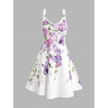 

Butterfly Flower Leaf Print Cottagecore Dress Sleeveless O Ring Strap V Neck A Line Dress, Light purple