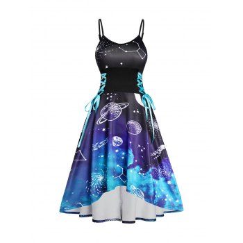 

Allover Galaxy Planets Moon Print High Low Dress Adjustable Straps Lace Up Strappy Dress, Light green