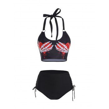 

Skeleton Bloody Heart Print Bikini Swimsuit Padded Halter Bikini Two Piece Swimwear Lace Up High Waist Bathing Suit, Black