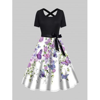 

Flower Butterfly Print Short Sleeve Combo Dress Bowknot Belt Cross High Waist A Line Dress, Black