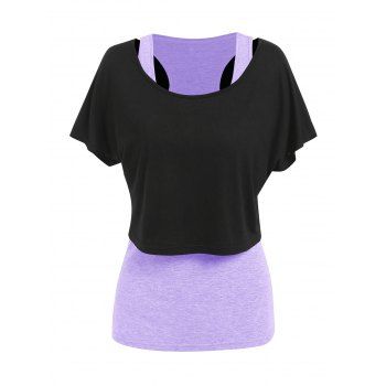 

Sporty Cropped Plain Scoop Neck T Shirt and Heathered Tank Top Set, Light purple