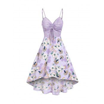 

Flower Space Dye Print Vacation High Low Dress Cinched Ruched A Line Combo Dress Adjustable Shoulder Straps Midi Dress, Light purple