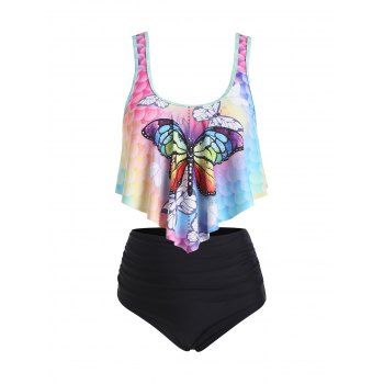 

Tummy Control Swimsuit Mermaid Butterfly Print Flounce High Rise Vacation Tankini Swimwear, Multicolor