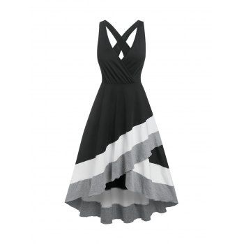 

Colorblock High Low Dress Cross Back Surplice Plunge Midi Dress Casual Sleeveless Asymmetric Dress, Black