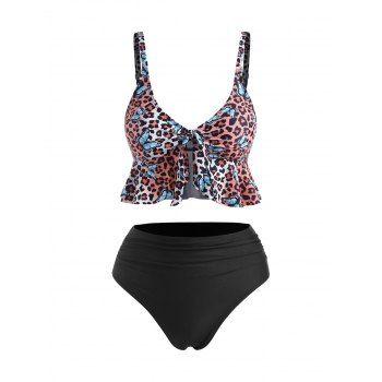 

Leopard Butterfly Print Knot Ruched Tankini Swimwear, Black