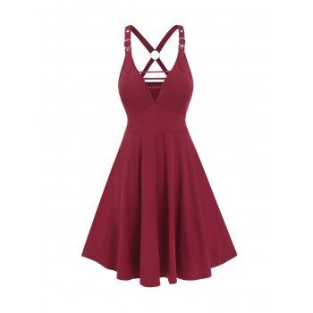 

Summer Ladder Cut Out Corset Style Buckle Strap O-ring Flare Mini Dress, Deep red