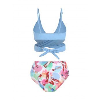 

Crossover Tummy Control Swimsuit Makeup Print Wrap Bikini Swimwear Set, Light sky blue