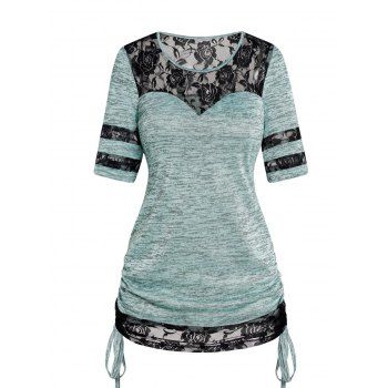 

See Thru Lace Panel Cinched Tie T-shirt Short Sleeve Heathered Casual Tee, Light green