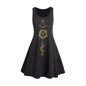 

Sparkly Celestial Sun Moon Print Tank Dress Scoop Neck Casual Mini Dress, Black