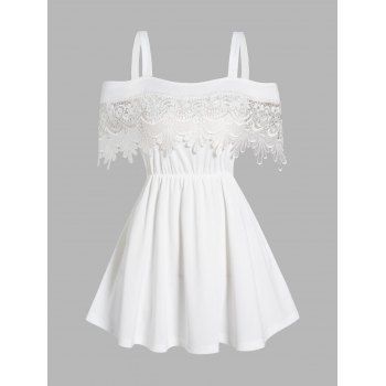 

Cold Shoulder Top Flower Embroidery Flounce High Waist Short Sleeve Top, White