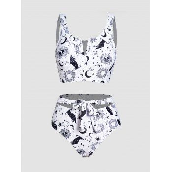 

Allover Celestial Sun Moon Star Print Tankini Swimsuit Notched Padded Bowknot Bathing Suit, White