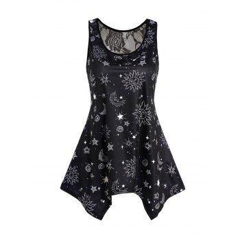 

Celestial Sun Moon Star Allover Print Tank Top Flower Lace Panel Asymmetric Tank Top, Black