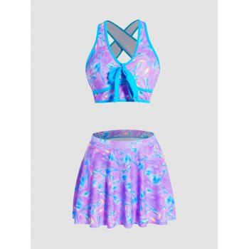 

Psychedelic Printed Tankini Swimsuit Bowknot Crisscross Skirt Padded Cut Out Swimwear, Multicolor a
