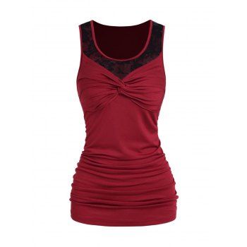 

See Thru Rose Lace Panel Tank Top Twisted Ruched Casual Tank Top, Deep red