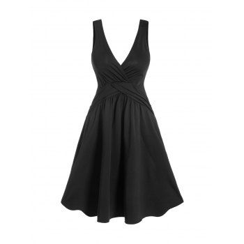

Solid Color Dress Surplice Crossover High Waisted Strap A Line Mini Dress, Black