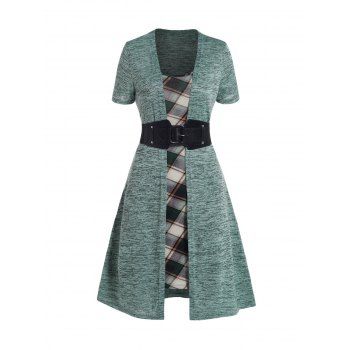 

Space Dye Plaid Print Panel Faux Twinset Dress Belted High Waisted A Line Mini Twofer Dress, Green